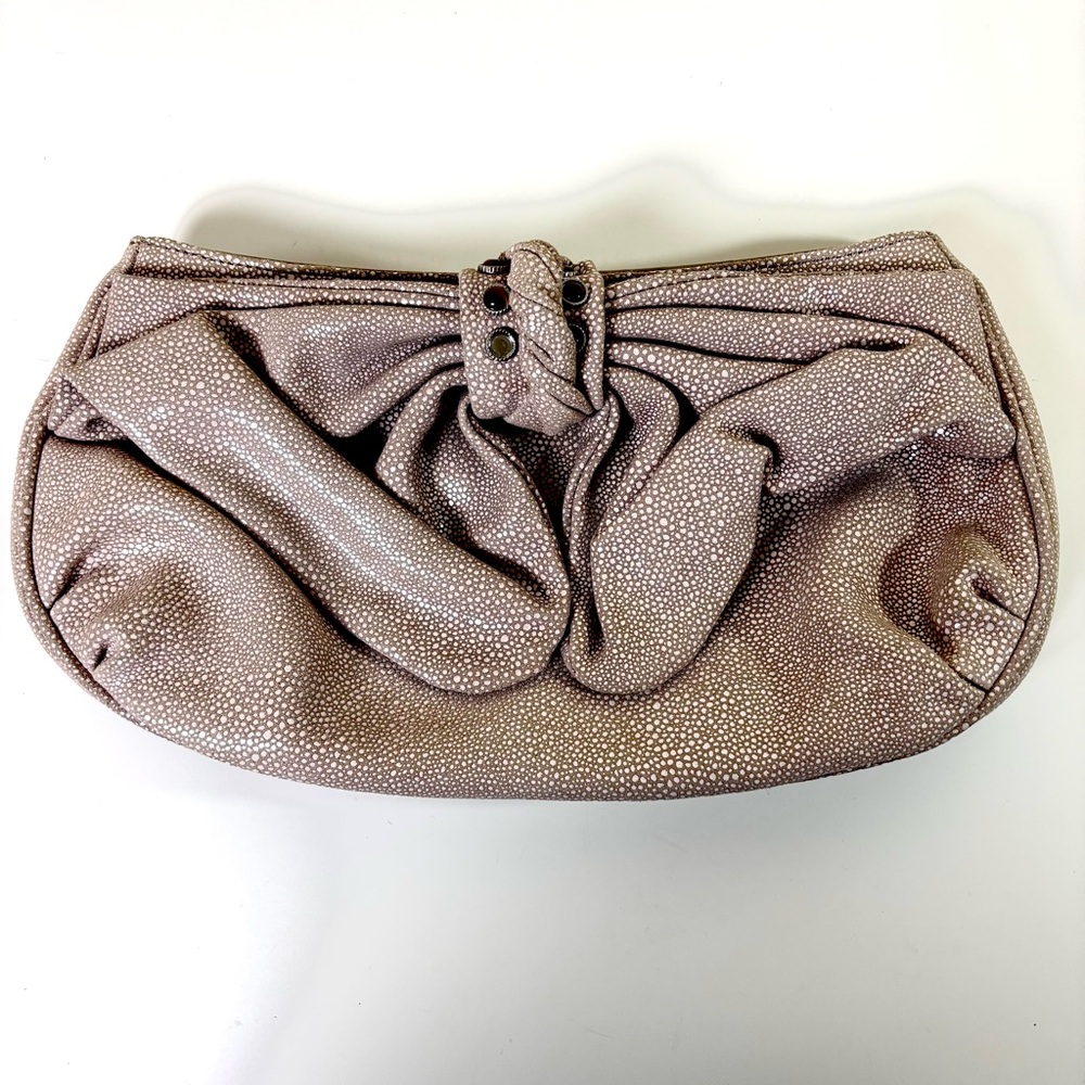 Judith Ripka Clutch Purse Large Bow Textured Leather Warm Gray Taupe Stones